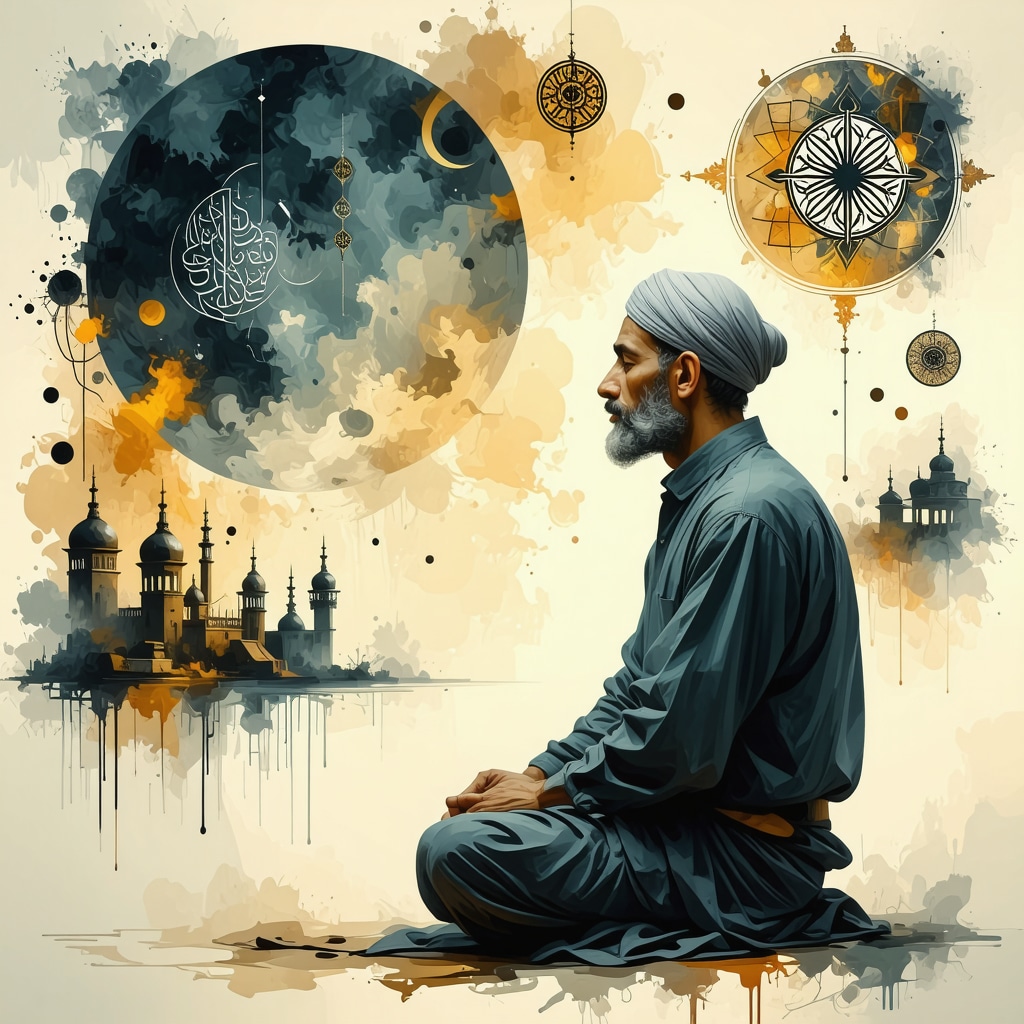 Muslim individual in thoughtful reflection with Islamic calligraphy symbolizing spiritual awakening