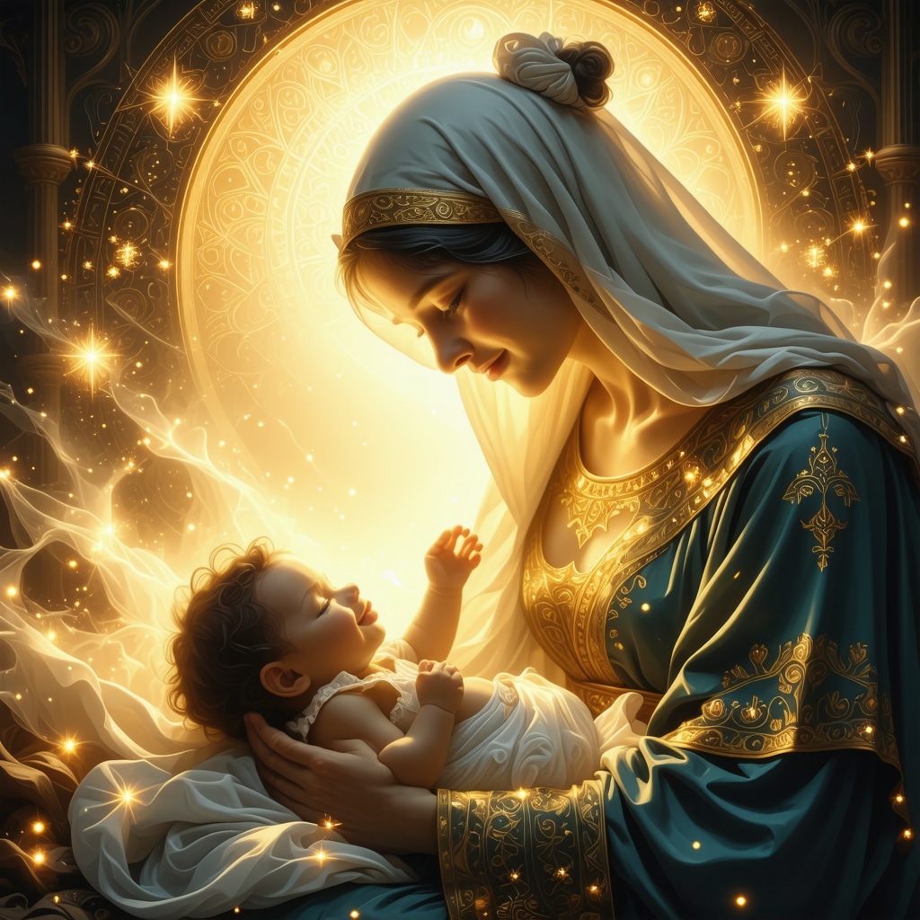 Divine Nourishment Symbolism in Islamic Dream Interpretation Illustration of a mother breastfeeding an ethereal infant with spiritual light and Islamic geometric patterns symbolizing divine nourishment