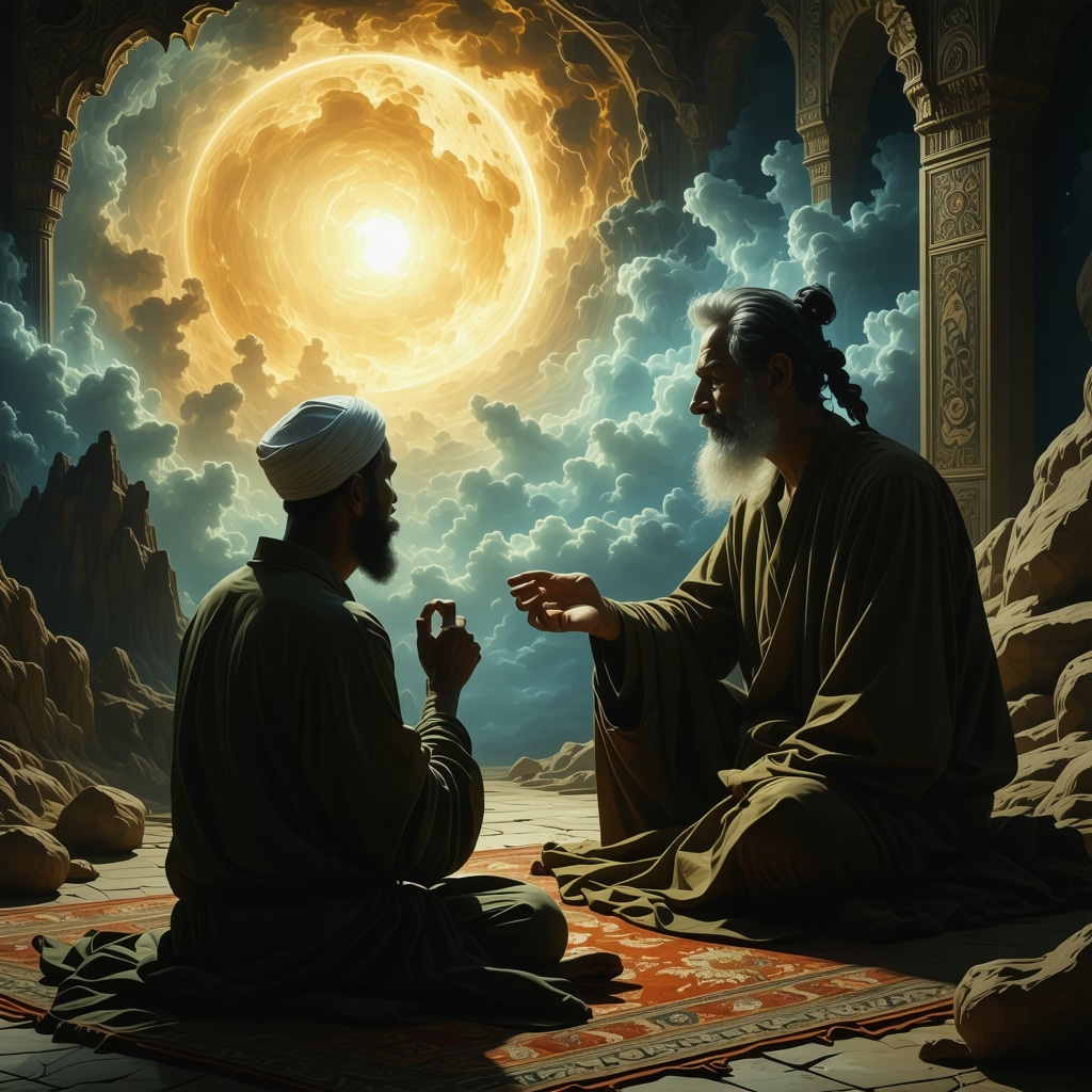 Dream Symbolism of Living Deceased Father in Islamic Spirituality Symbolic Islamic dream scene showing a living father figure to a contemplative person