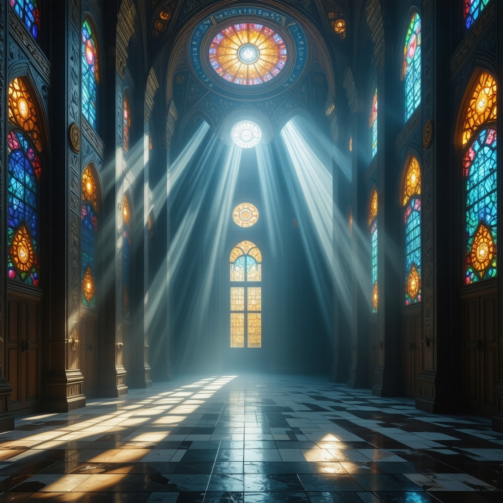 Interior of an Islamic Mosque Symbolizing Spiritual Enlightenment in Dreams Intricately designed Islamic mosque interior with light rays symbolizing spiritual enlightenment in dreams