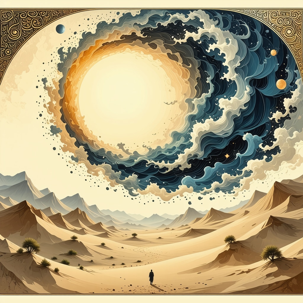 Islamic Art Depicting Wind as Divine Messenger Intricate Islamic art showing swirling wind currents intertwined with calligraphy symbolizing divine messages