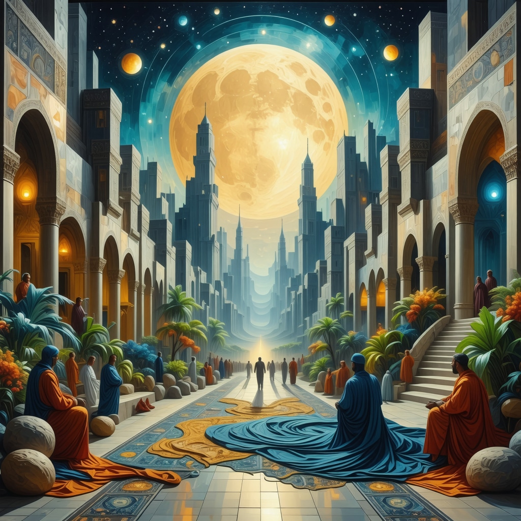 Islamic Dreamscape Symbolizing Wedding and Spiritual Depth Intricate Islamic art dreamscape showing symbolic wedding scene with spiritual and psychological symbolism