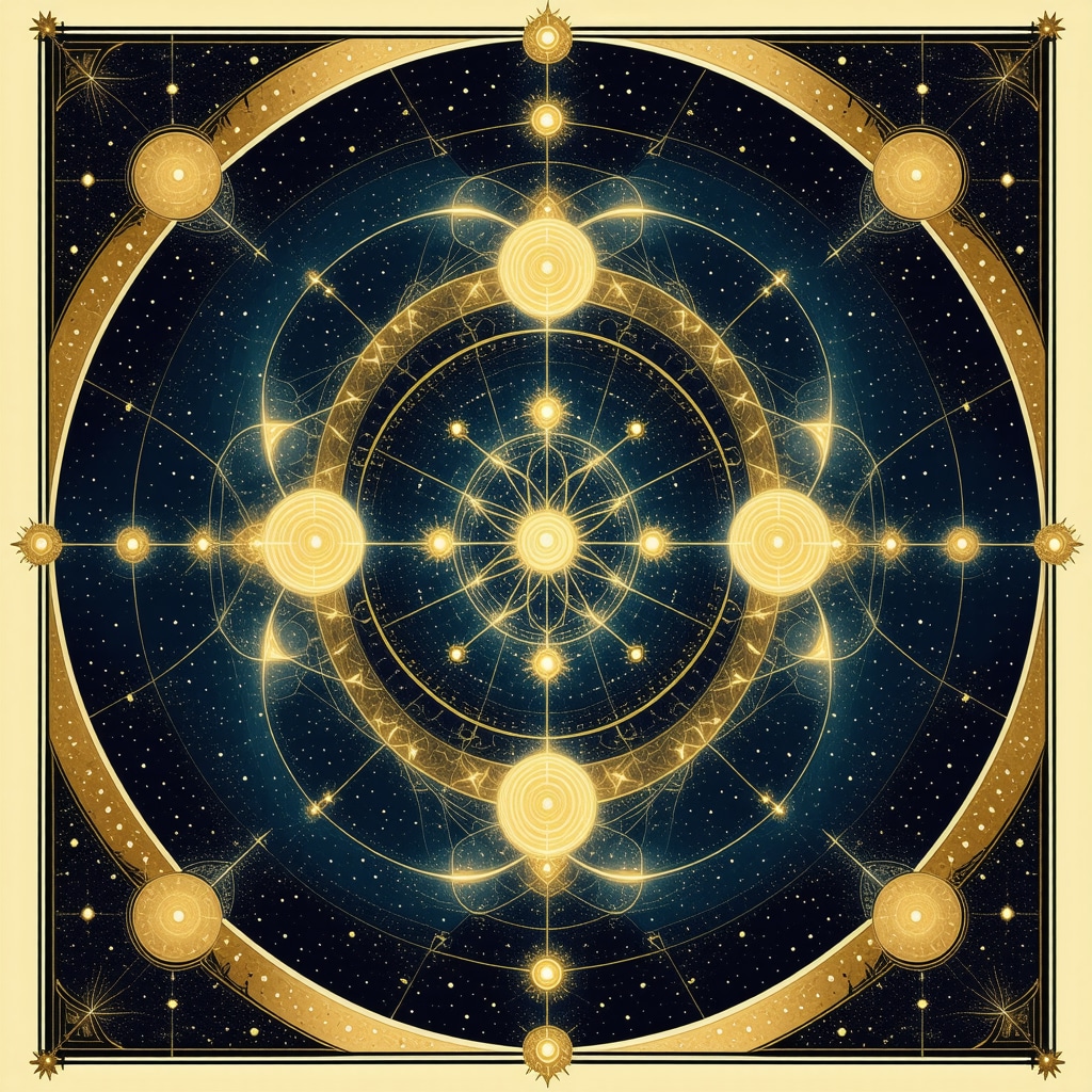 Islamic Geometric Pattern with Wind and Cosmic Symbolism Intricate Islamic geometric design incorporating symbols of wind, spiritual illumination, and cosmic elements in gold and blue colors