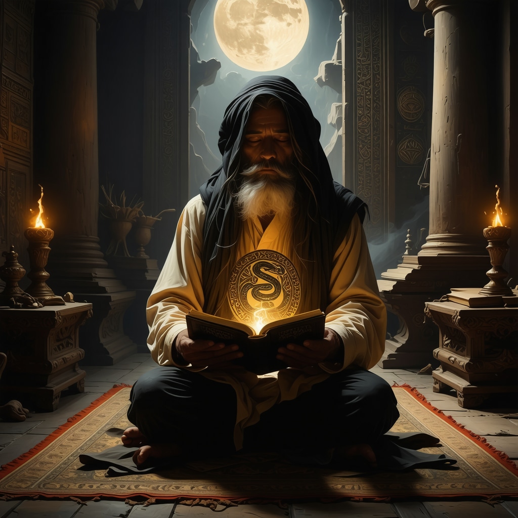 Islamic Scholar Meditating with Ancient Manuscript Depicting Snake Symbol Islamic scholar in meditation with illuminated manuscript showing snake symbol blending traditional and modern spiritual art