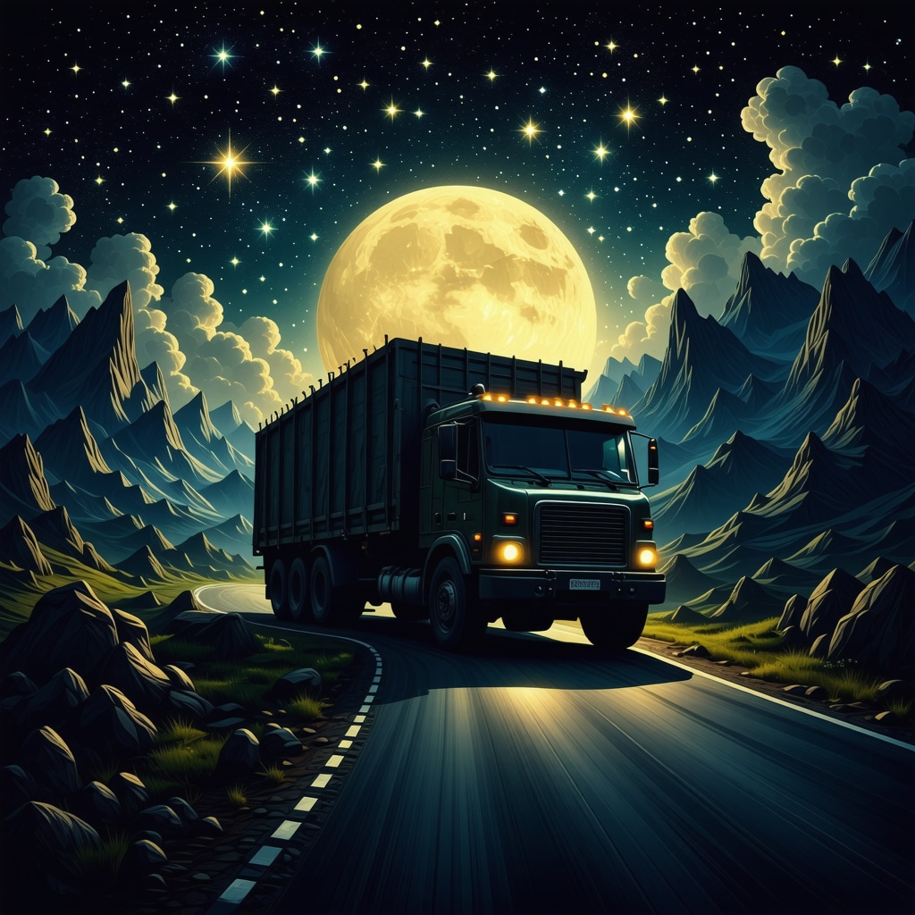 Islamic mystical truck carrying spiritual and material burdens Illustration of a truck on winding mountain road symbolizing spiritual and material burdens in Islamic dream interpretation