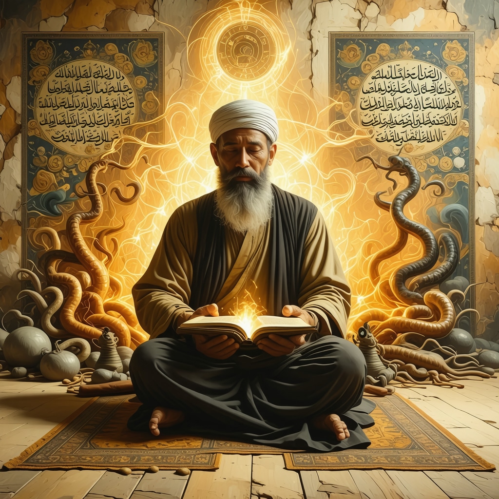 Islamic scholar meditating on spiritual symbolism of worms in dreams Islamic scholar meditating with symbolic worms transforming into light, spiritual motifs and calligraphy in background