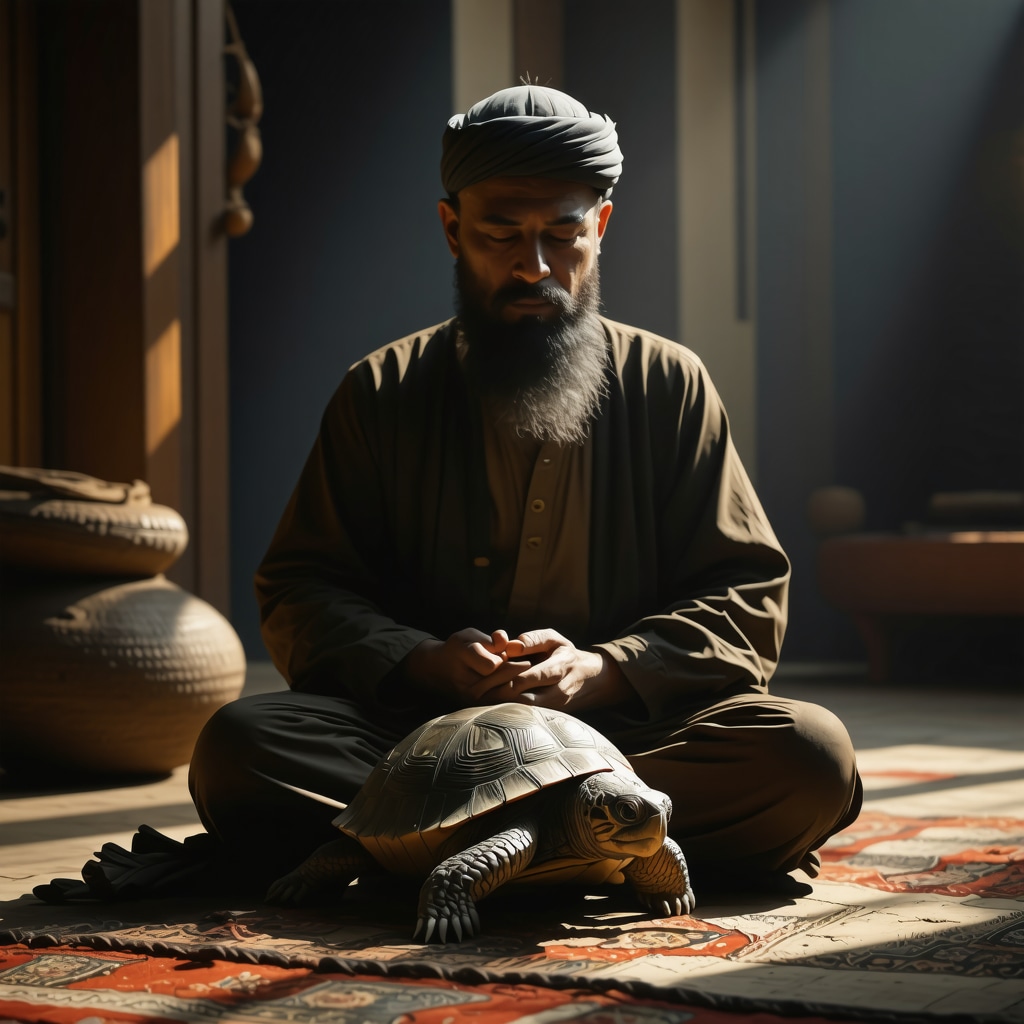 Islamic scholar meditating with turtle symbol Islamic scholar meditating symbolizing patience alongside a turtle