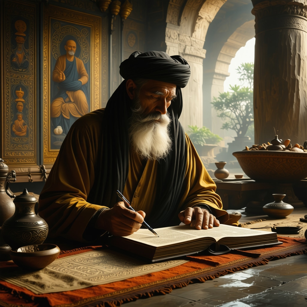 Islamic scholar studying dream symbolism with water motifs Islamic scholar reviewing manuscripts on dream interpretation featuring water symbolism