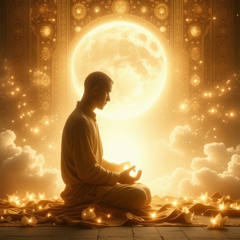 Meditative Reflection on Spiritual Dreams with Mala Dijete Symbolism Person meditating with glowing child figure symbolizing spiritual dream in Islamic context with geometric patterns