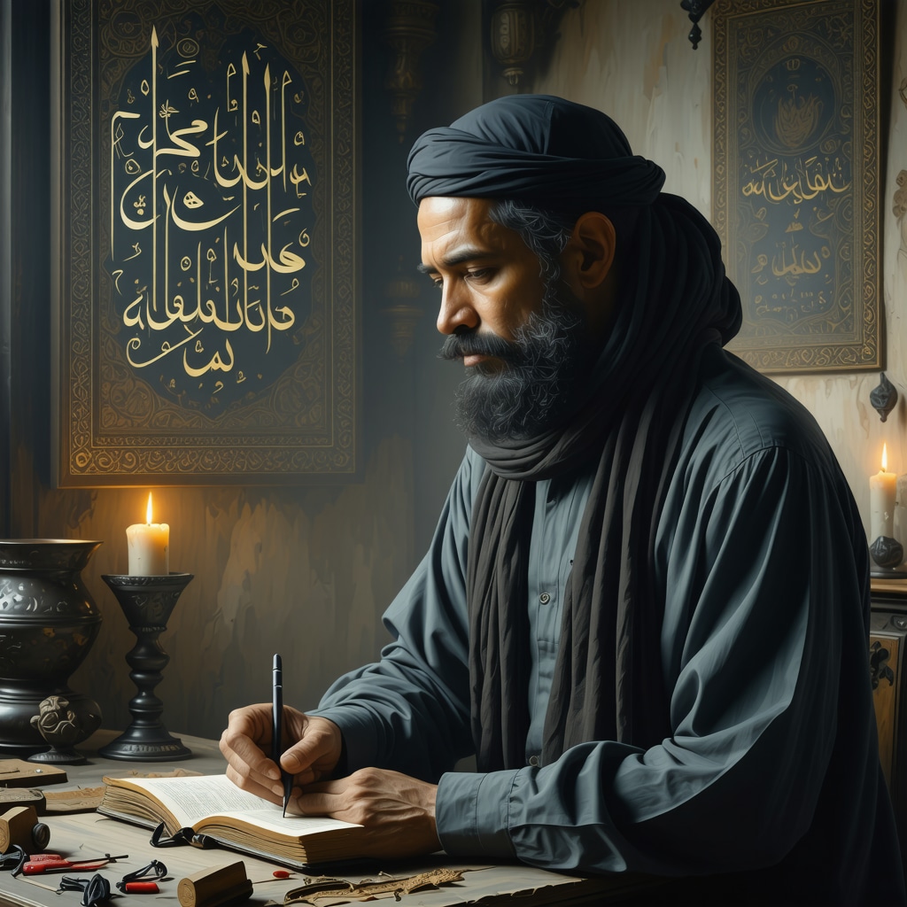 Muslim individual journaling for dream interpretation at dawn Muslim person writing in journal with Islamic symbols around, symbolizing reflection on wedding dreams in Islam