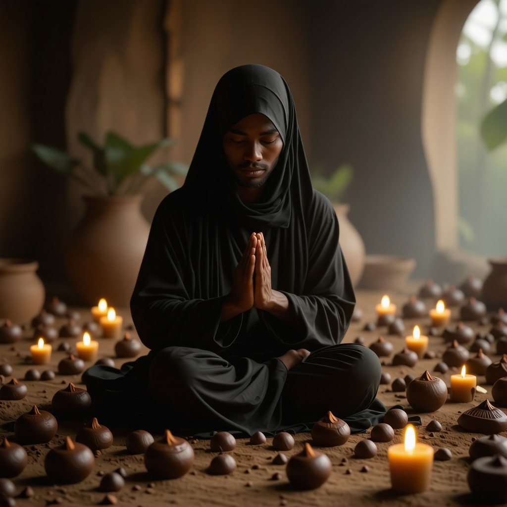 Muslim meditating with symbolic glowing chocolate pieces representing spiritual dreams Muslim person in prayer with glowing chocolate symbols representing spiritual dream interpretation