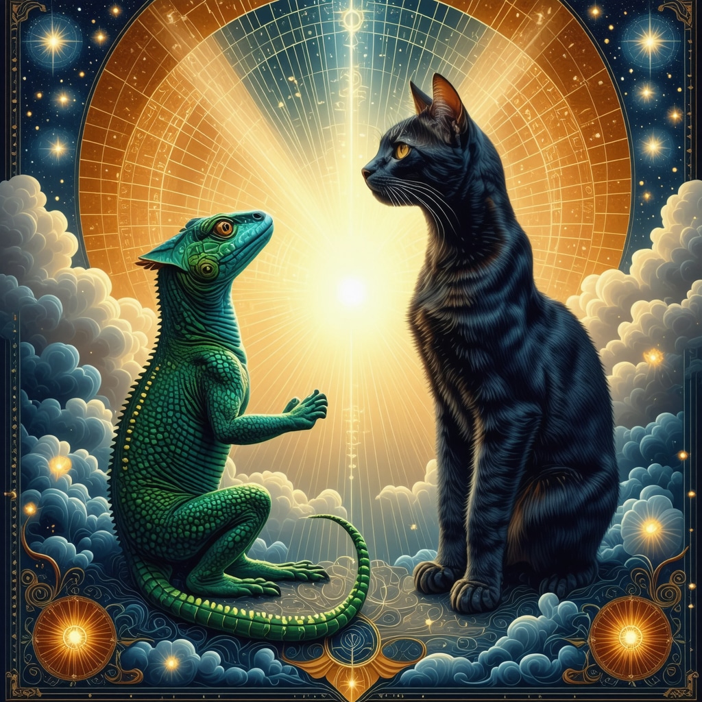 Mystical Islamic Dream Symbols: Lizard and Cat Abstract image of a lizard and cat intertwined with Islamic geometric patterns symbolizing dream interpretation
