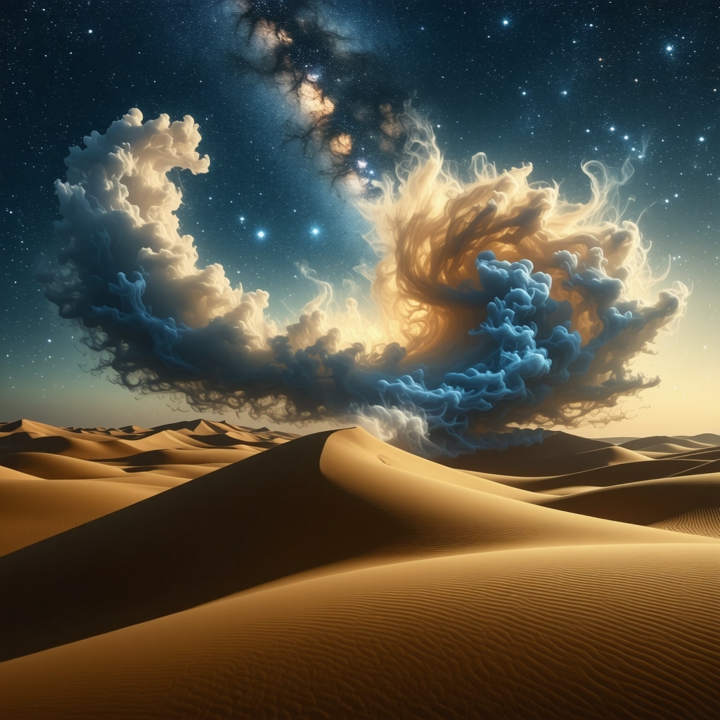 Mystical spiritual wind symbolizing divine messages in Islamic dreams Mystical wind swirling over desert at night representing spiritual transformation in Islamic dream interpretation