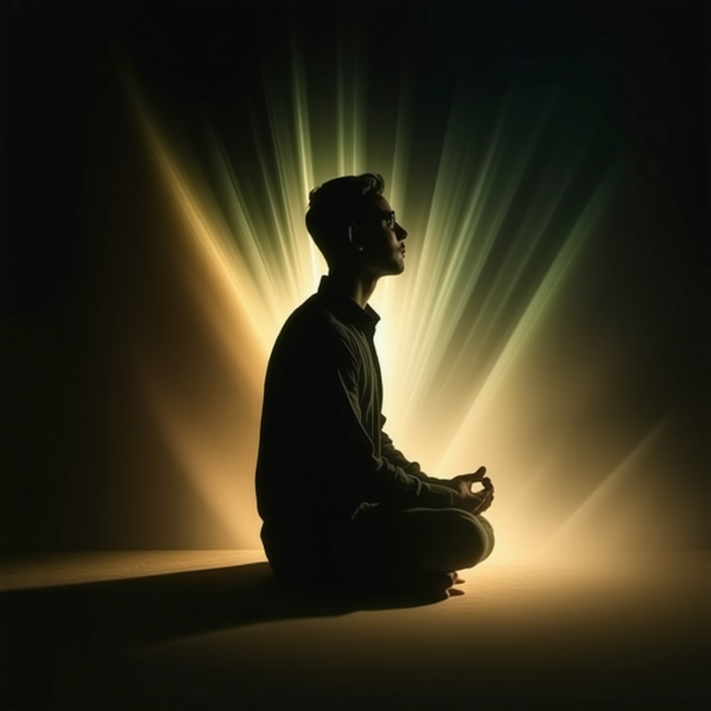 Person reflecting peacefully with spiritual light symbolizing dream interpretation in Islam