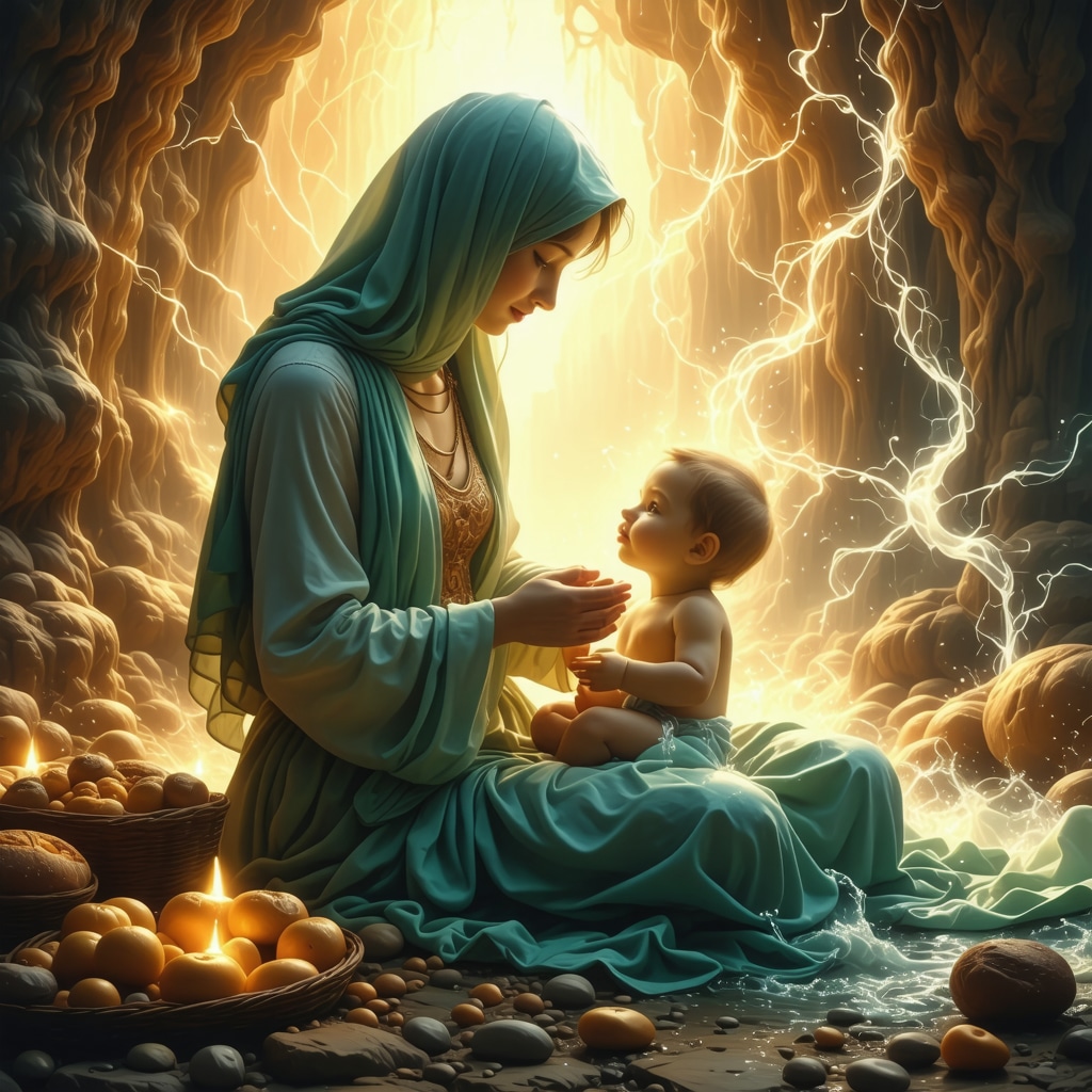 Simbolismul alăptării în vis conform islamului Figură liniștită alăptând un copil spiritual înconjurat de simboluri de lumină, apă și pâine, reprezentând hrănirea spirituală