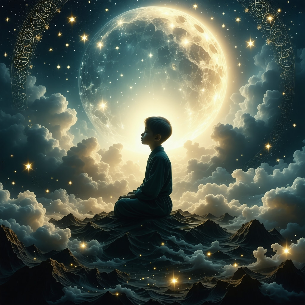Simbolismul copilului în visele islamice Ilustrație artistică a unui copil strălucitor simbolizând puritatea spirituală în visele islamice