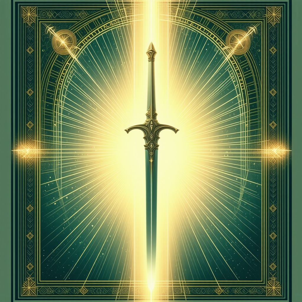 Simbolismul spiritual al armelor în visele islamice Ilustrație simbolică cu sabie, scut și arc împletite cu raze de lumină spirituală pe un fundal geometric islamic