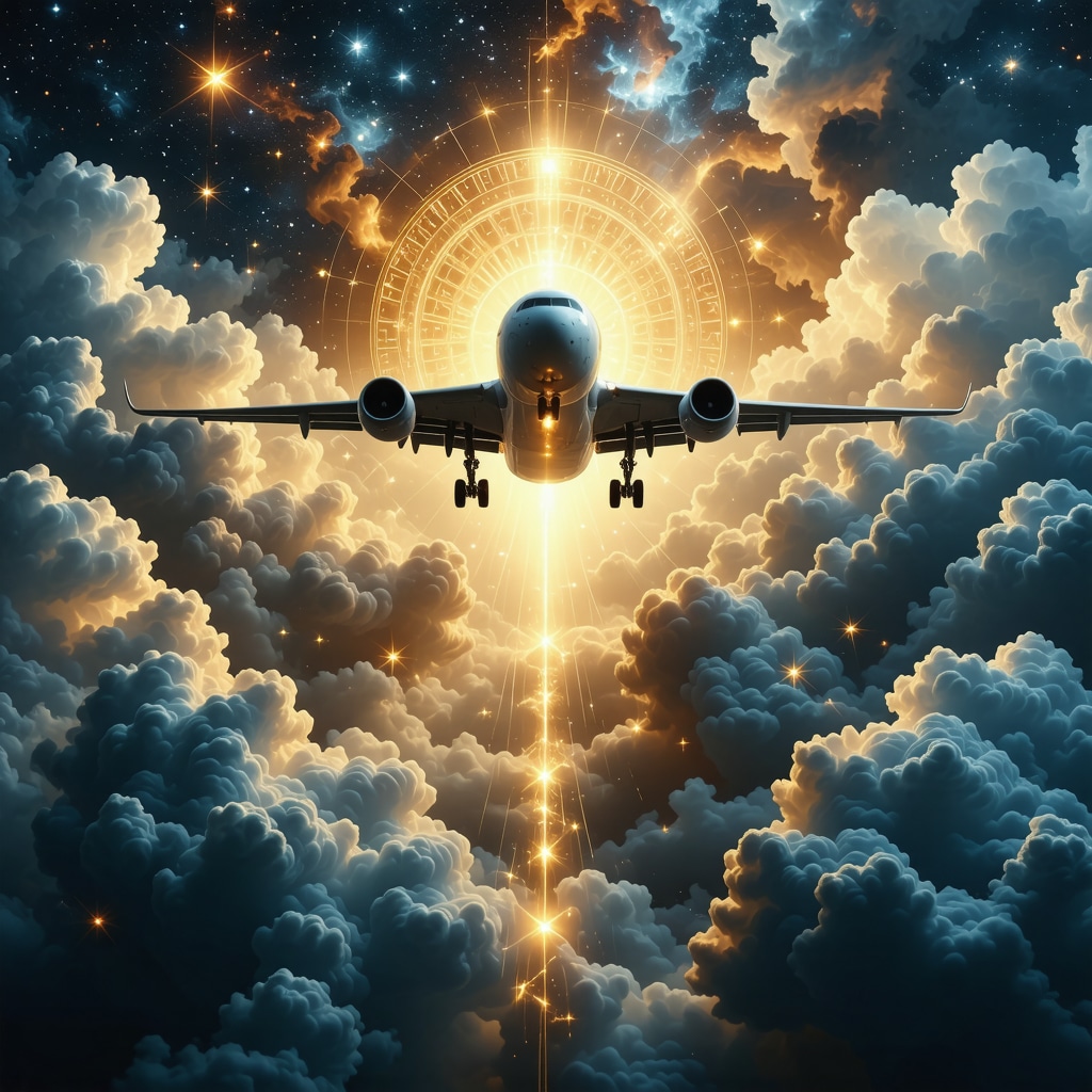 Spiritual Ascension Symbolized by Airplane in Islamic Dream Interpretation Glowing airplane ascending through celestial clouds with Islamic geometric patterns and calligraphy