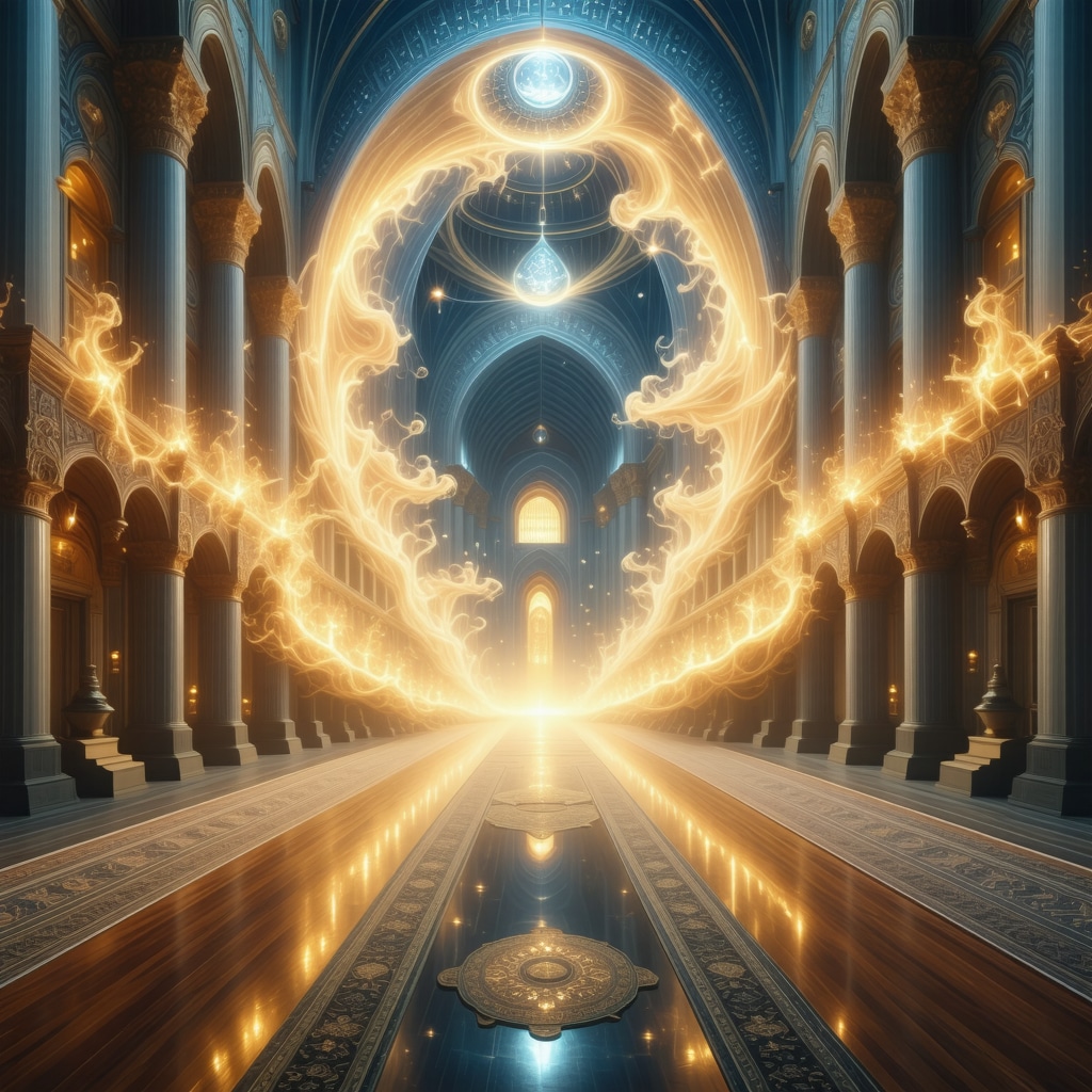 Spiritual Earthquake Symbolism in Islamic Dream Interpretation Illustration of a mosque interior with glowing Quranic verses symbolizing spiritual earthquake and transformation