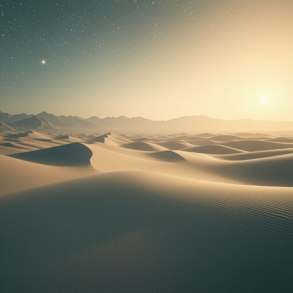 Spiritual Wind Flowing Through Desert Oasis Gentle wind blowing over a desert oasis at dawn symbolizing spiritual renewal in Islamic mysticism