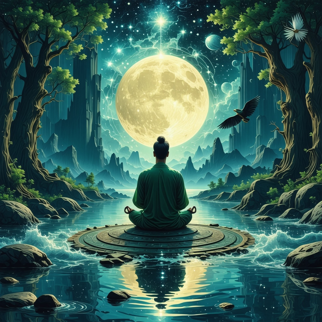 Spiritual meditation with Islamic dream symbols and cosmic energies Meditating person surrounded by Islamic dream symbols and cosmic energy patterns