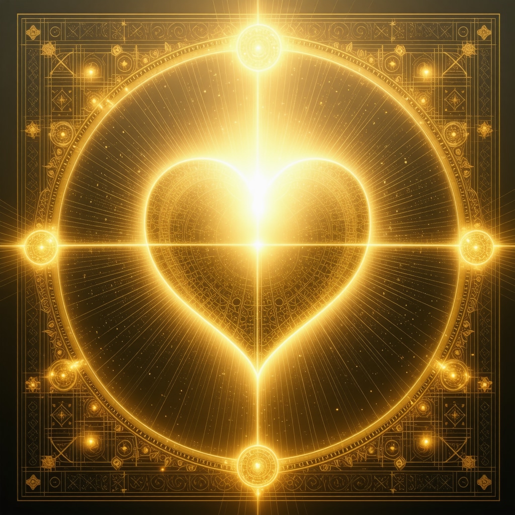 Symbolic Golden Light Representing Spiritual Purification in Islamic Dreams Golden light radiating from heart-shaped emblem with Islamic patterns symbolizing spiritual purification