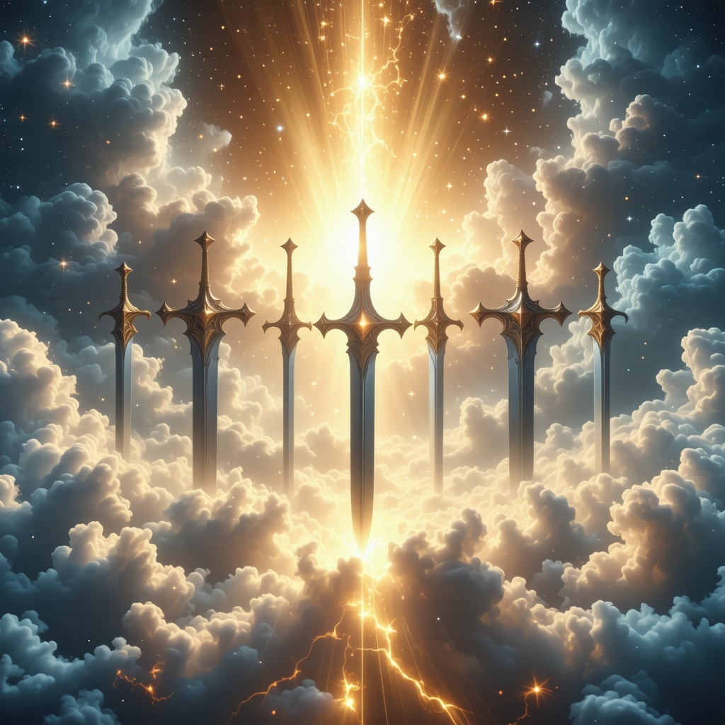 Symbolic Islamic Dream Weapons Representing Spiritual Struggle and Enlightenment Illustration of glowing symbolic weapons in an Islamic dream context representing spiritual struggle and enlightenment