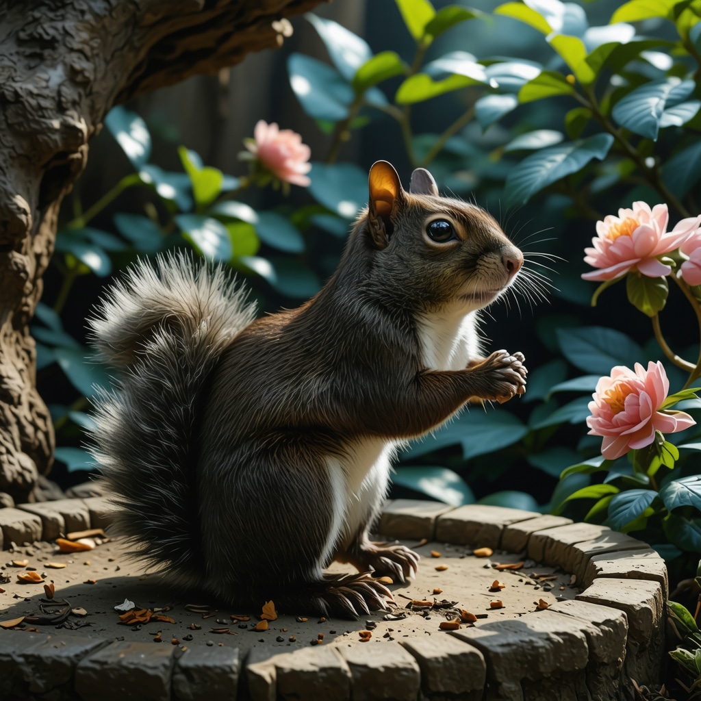 Symbolic Islamic Squirrel in Mystical Garden An artistic representation of a squirrel symbolizing spiritual balance in Islamic mysticism