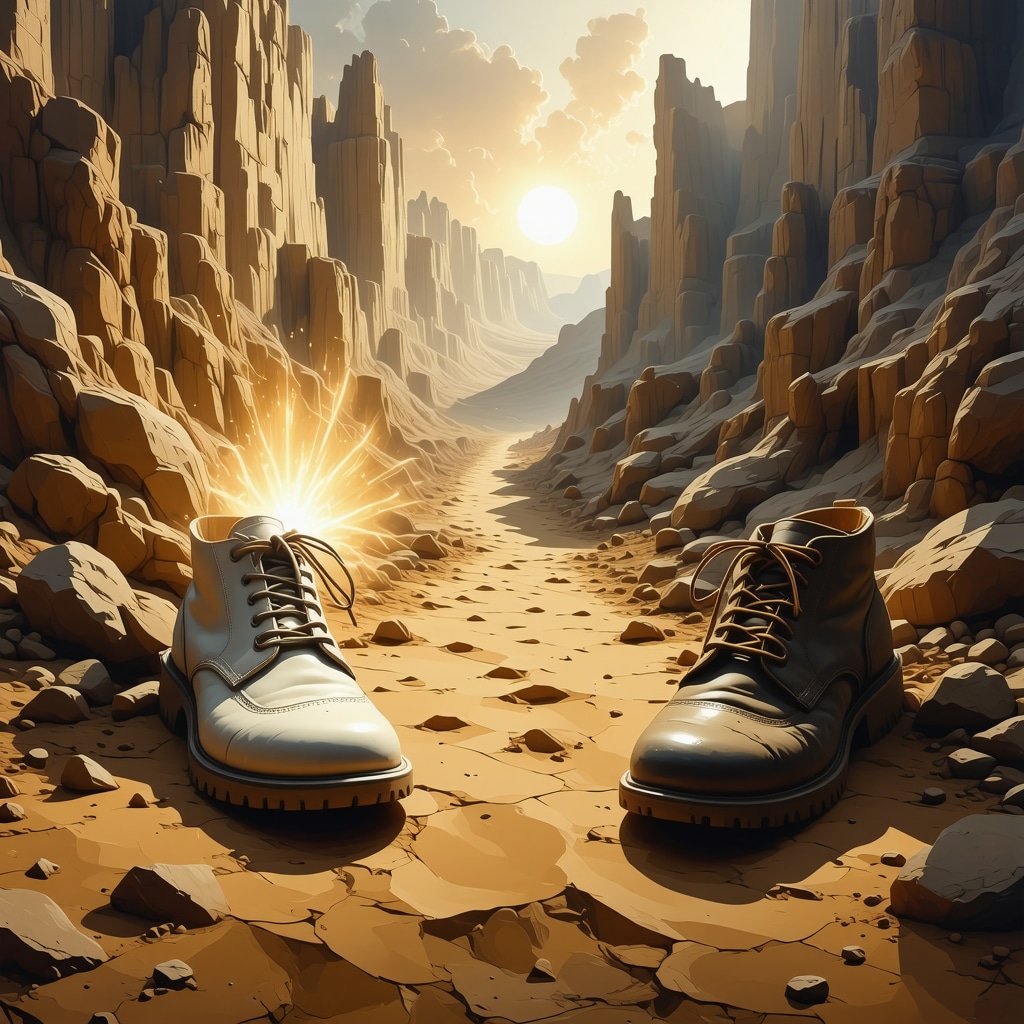 Symbolic Islamic dream shoes illustrating destiny and moral responsibility Pristine white and worn muddy shoes on a mystical desert path symbolizing Islamic dream interpretation of destiny and morality