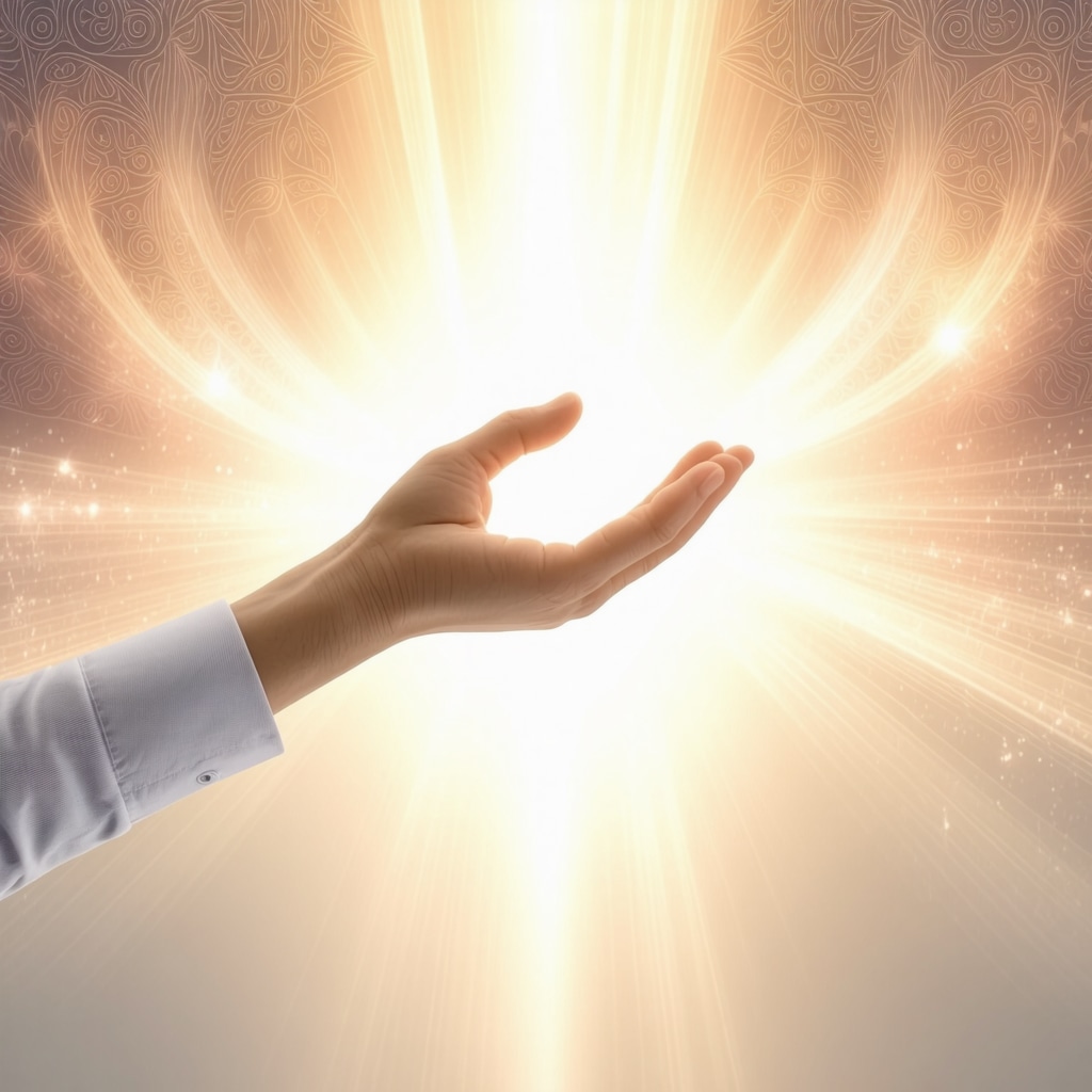 Symbolic arm representing power and vulnerability in Islamic dream interpretation Illustration of a strong yet delicate arm emerging from spiritual light with Islamic motifs