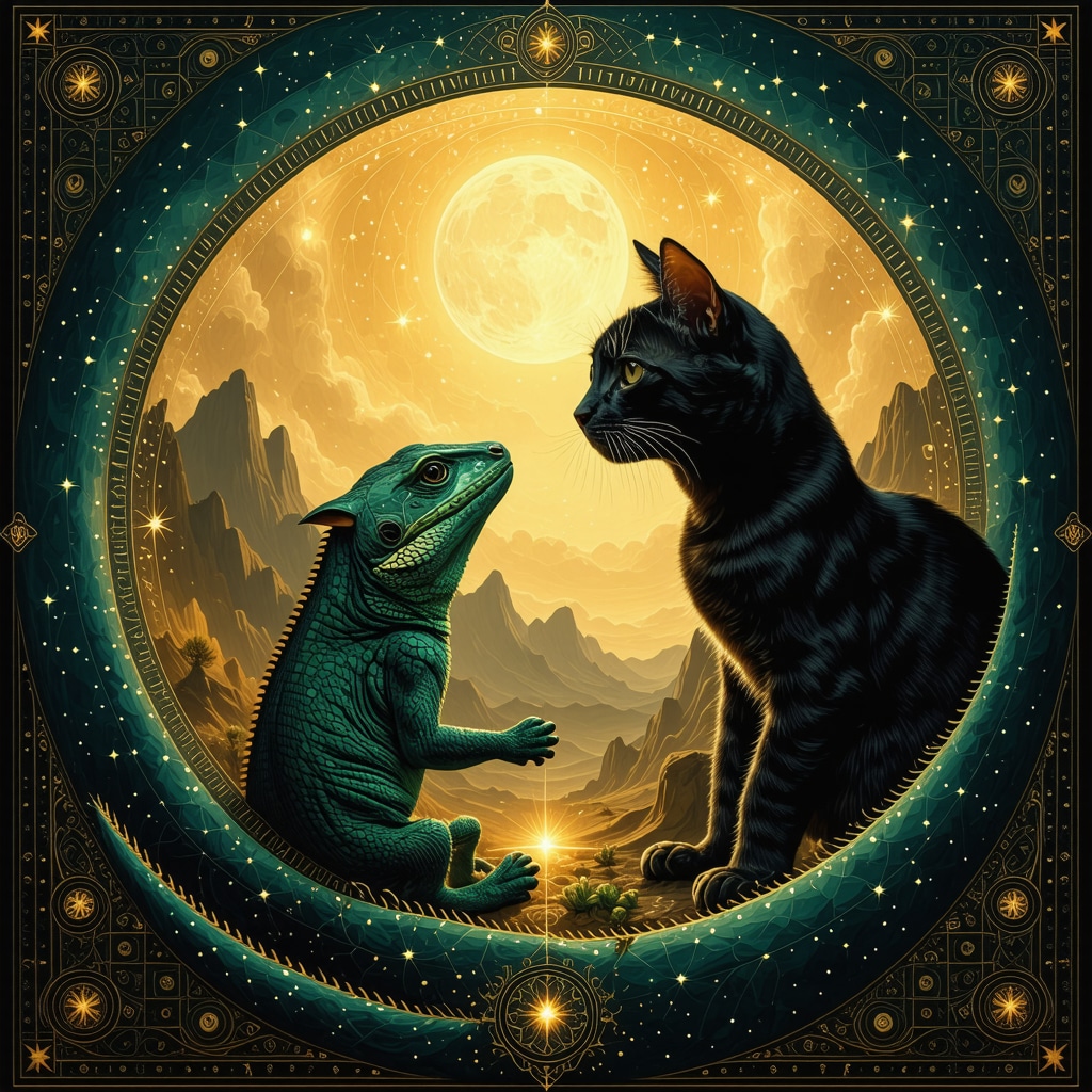 Symbolic depiction of lizard and cat in Islamic dream interpretation Artistic representation of a lizard and a cat intertwined with Islamic geometric patterns symbolizing vigilance and intuition