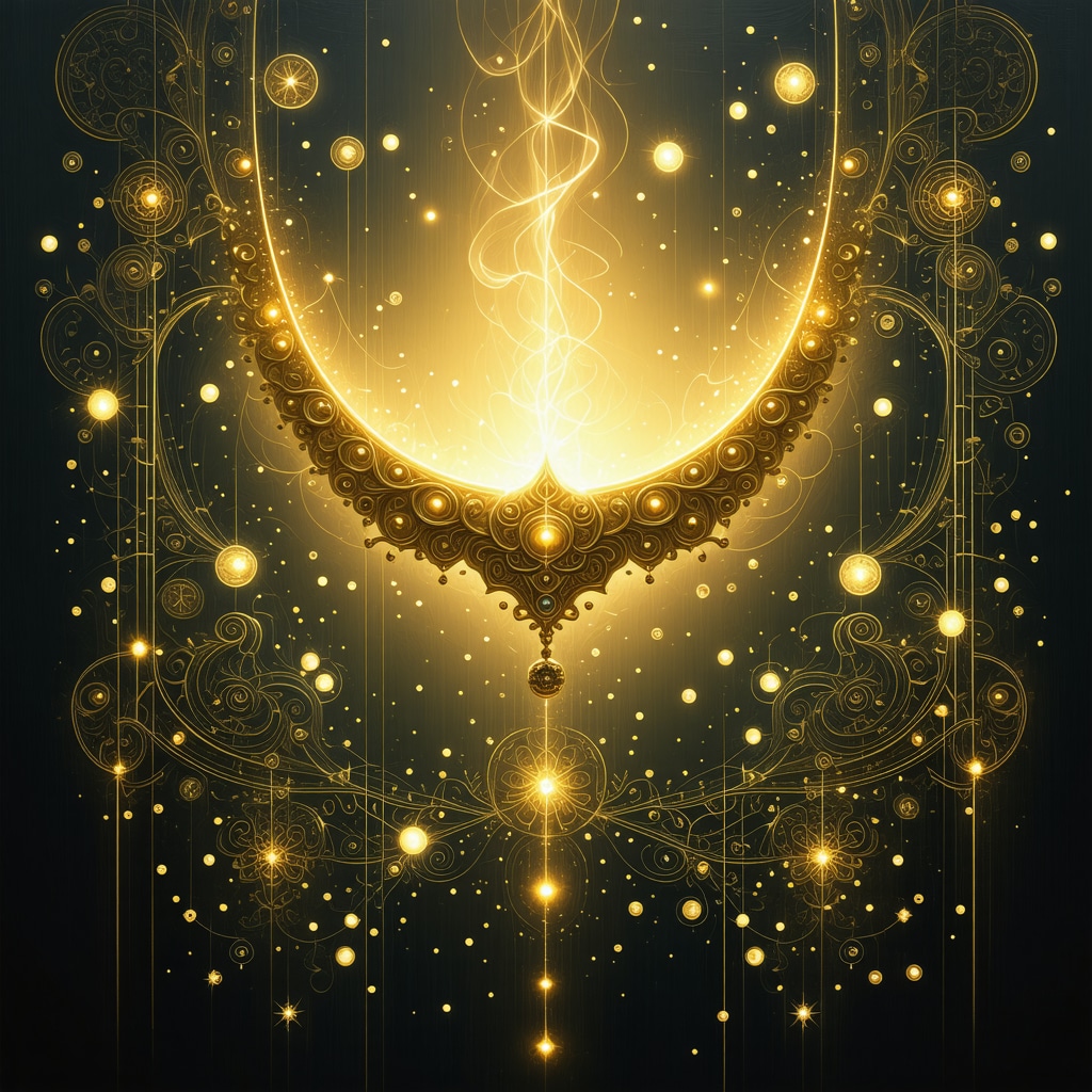 Symbolic golden necklace with spiritual and Islamic motifs Golden necklace glowing with Islamic calligraphy and symbols representing wisdom and responsibility