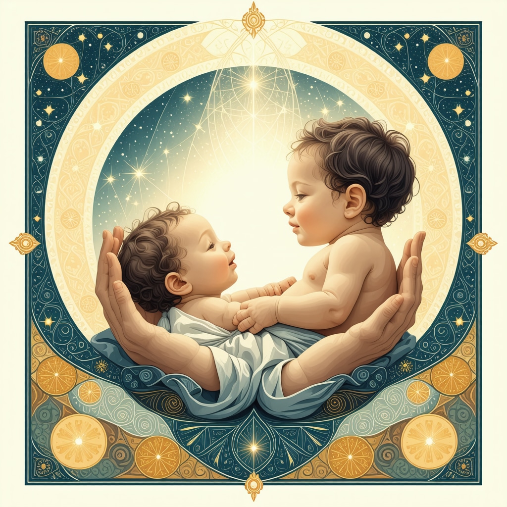 Illustration of a newborn baby cradled in hands with Islamic geometric patterns symbolizing spiritual rebirth