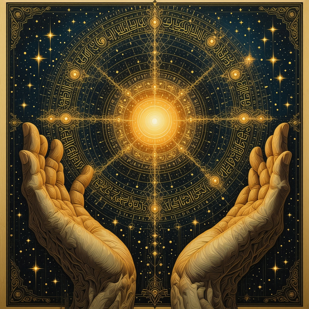 Artistic illustration of hands with Islamic symbolism Artistic depiction of hands intertwined with Islamic calligraphy representing dream symbolism