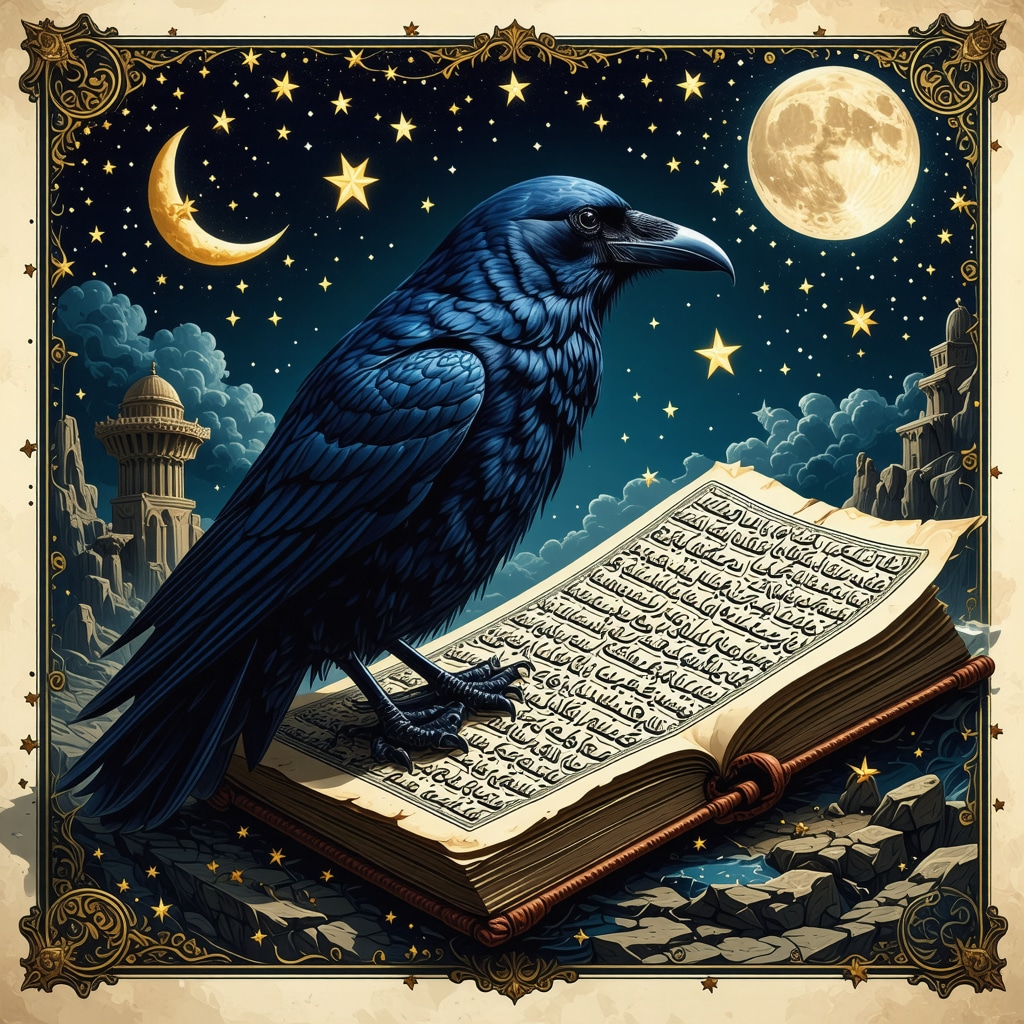 Black crow perched on Islamic manuscript with mystical dream symbols