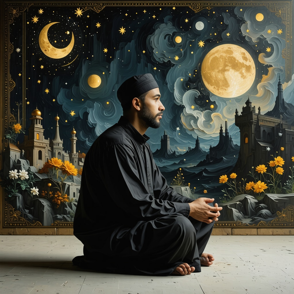 Contemplative Muslim reflecting on sina and snahu dream symbols Muslim person reflecting on symbolic dream images of sina and snahu with Islamic and psychological motifs