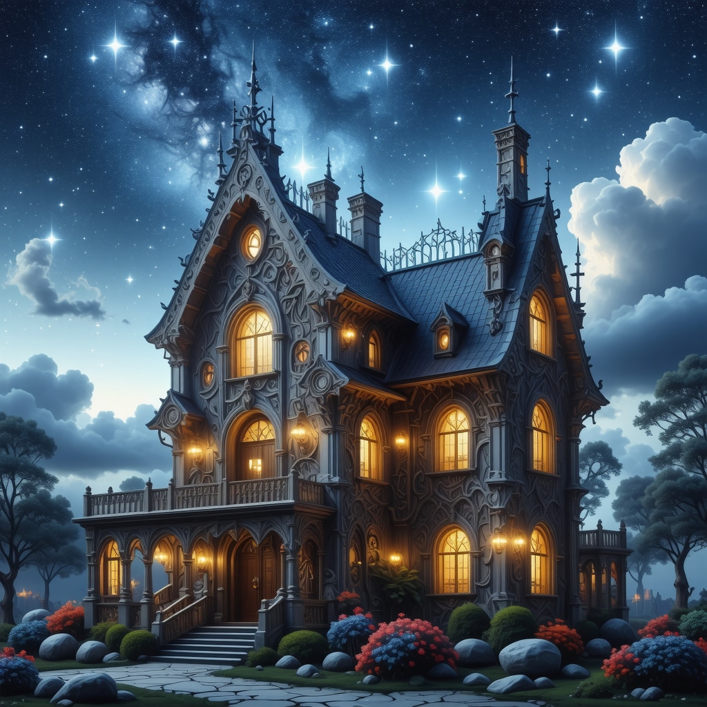 Dreamlike House Symbolizing Spiritual Themes in Islamic Dream Interpretation A symbolic dream house glowing under a starry night sky representing spiritual and emotional insights in Islamic dream symbolism
