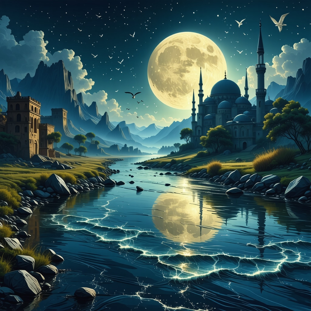 Dreamscape with Crystal-Clear Flowing River Symbolizing Spiritual Clarity Crystal-clear flowing river under moonlight with mosque silhouette and birds symbolizing spiritual guidance in Islamic dream interpretation
