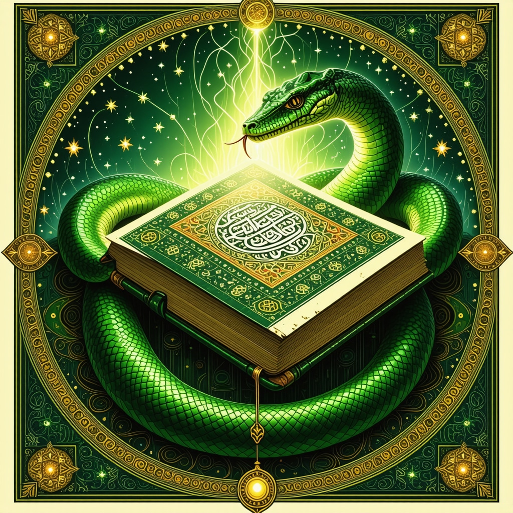 Green snake symbolizing spiritual guidance in Islamic dream interpretation Intricate green snake coiled around Quran representing spiritual guidance in Islamic dream symbolism