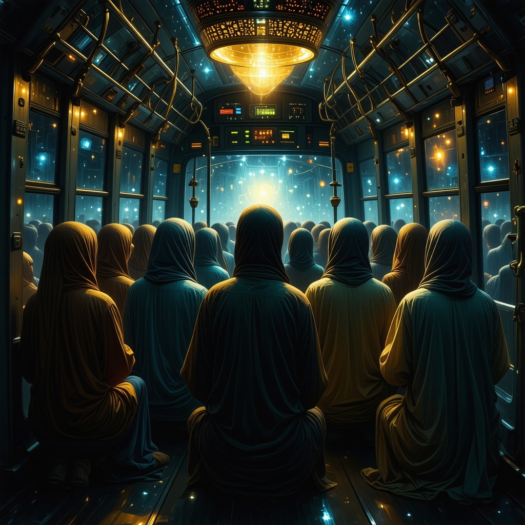 Interpretarea simbolică a visului cu autobuzul în context islamic Ilustrație simbolică a unui autobuz cu pasageri învăluit în lumină spirituală, reprezentând interpretarea visului în islam