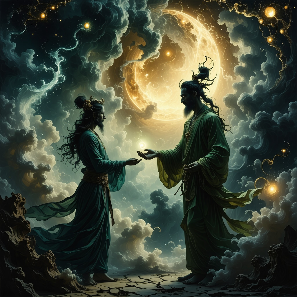 Intricate Islamic art illustrating shaytan and jinn with spiritual energy and contrasting light and darkness