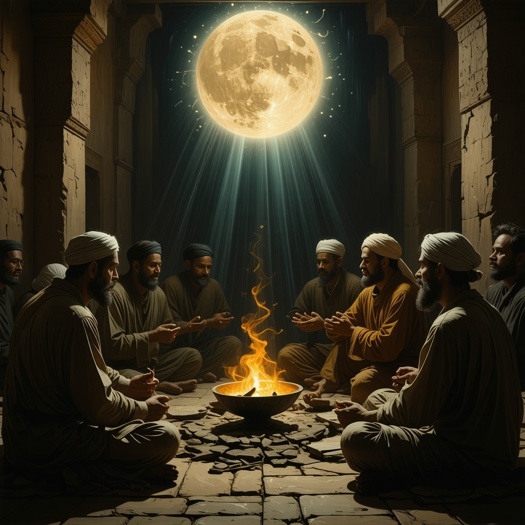 Islamic Dream Interpretation Gathering Group discussing dreams with symbolic teeth imagery and spiritual motifs