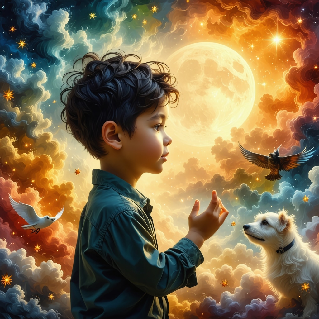 Symbolic Islamic dream interpretation scene with a young boy and spiritual symbols like wind and dog