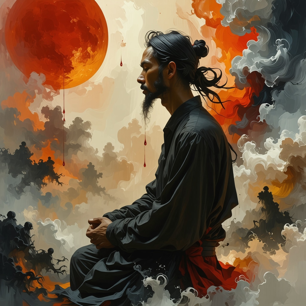 Artistic depiction of Islamic dream symbols including police, wind and blood representing spiritual introspection