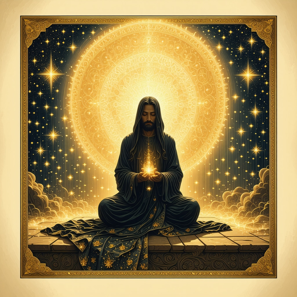 Islamic Manuscript Depicting Dream Interpretation with Unknown Man Illustration of an unknown man in an Islamic dream interpretation manuscript with spiritual motifs