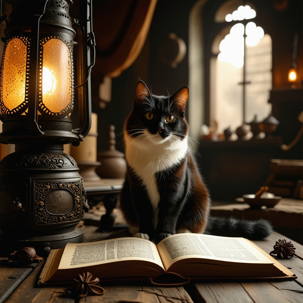 An elegant cat next to Islamic books and lantern symbolizing spiritual insight in dream interpretation