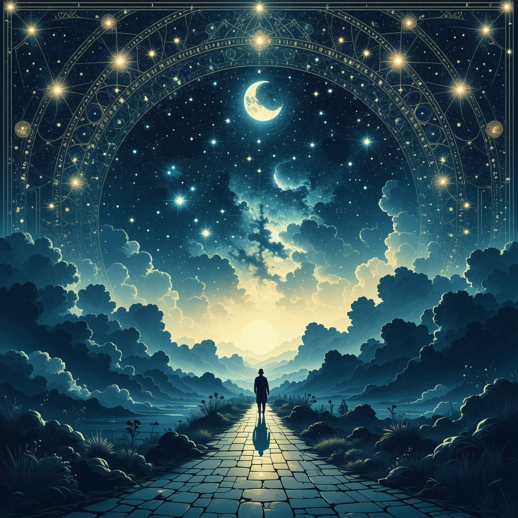 Islamic geometric pattern with dream silhouettes Intricate Islamic geometric pattern with silhouettes of loved ones in a night sky symbolizing spiritual dream connections