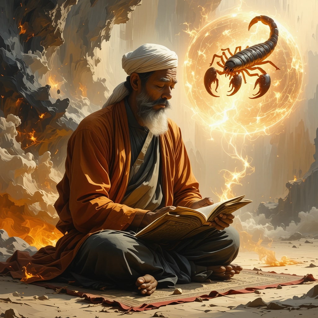 Digital art of Islamic scholar meditating with glowing scorpion symbol and spiritual elements