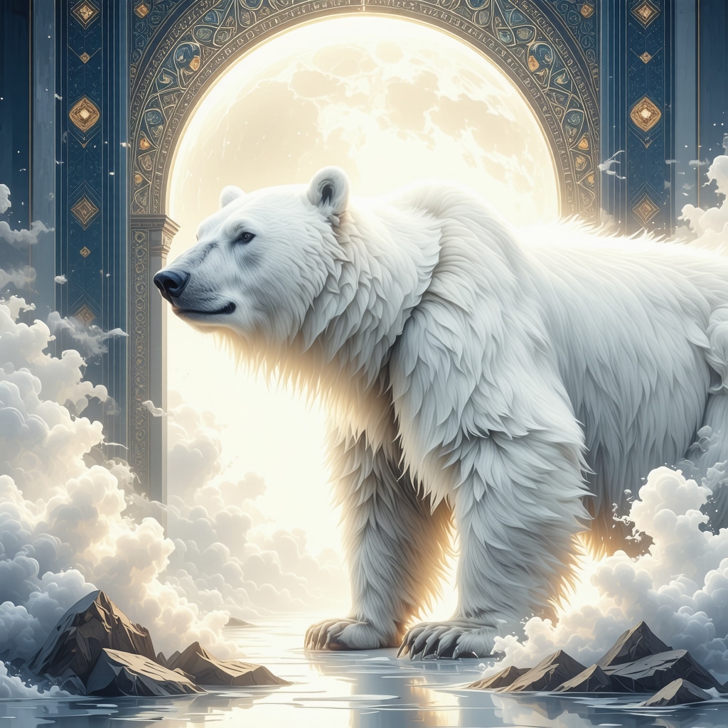 White bear surrounded by ethereal light and Islamic geometric patterns representing spiritual symbolism