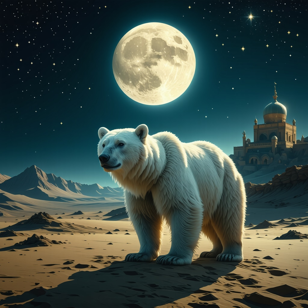 White bear under crescent moon with Islamic geometric patterns background